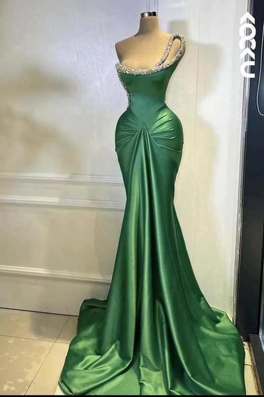 One Shoulder Rhinestones Satin Mermaid Long Prom Evening Dress