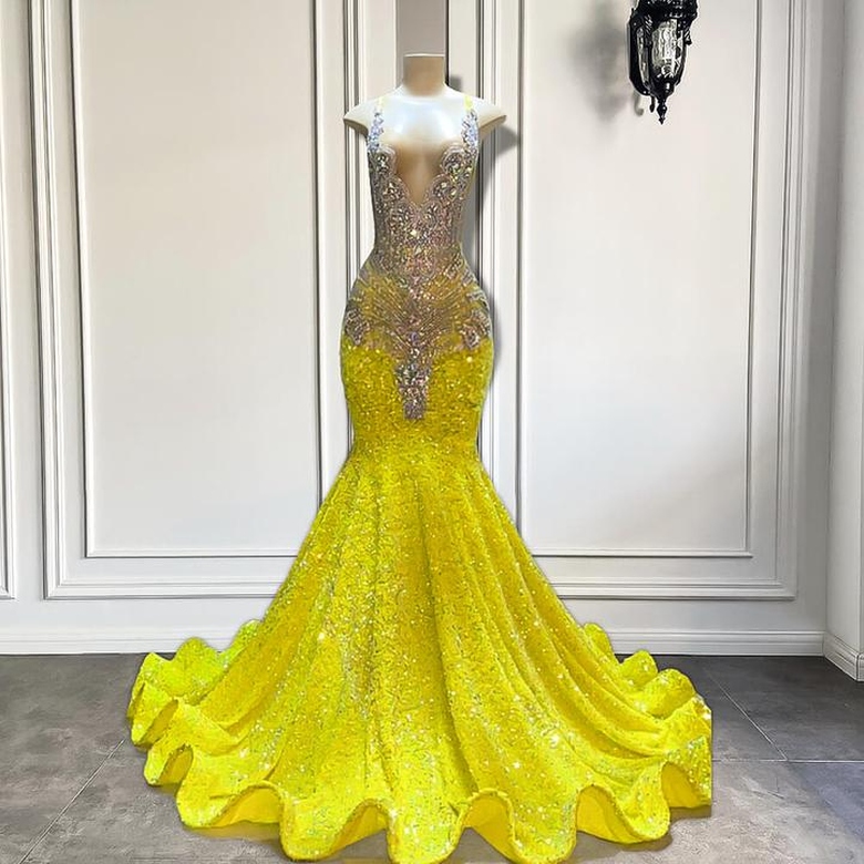 Yellow V-Neck Sleeveless Beaded Sequins Mermaid Dress