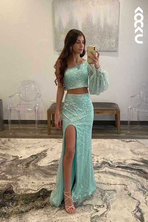 Two Piece One Shoulder Long Sleeves Sequined Sheath Prom Gown With Slit