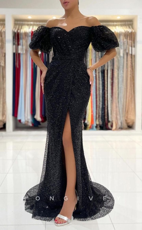 Sexy Black Trumpet Glitter Pleats Fully Sequined Party Gown