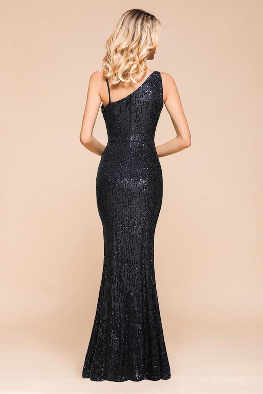 Navy One Shoulder Sequins Long Mermaid Evening Gowns with Split