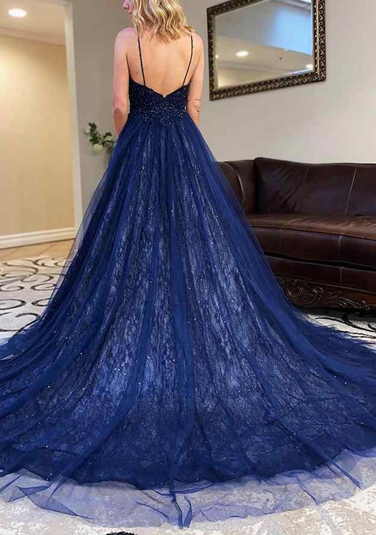 A-Line V-Neck Spaghetti Straps Tulle Court Train Laced Beading Sequins Prom Dress