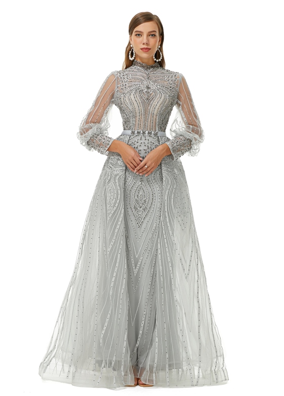 Ballbella Sparkle Gray Beaded Long Sleeves Mermaid Prom Dresses