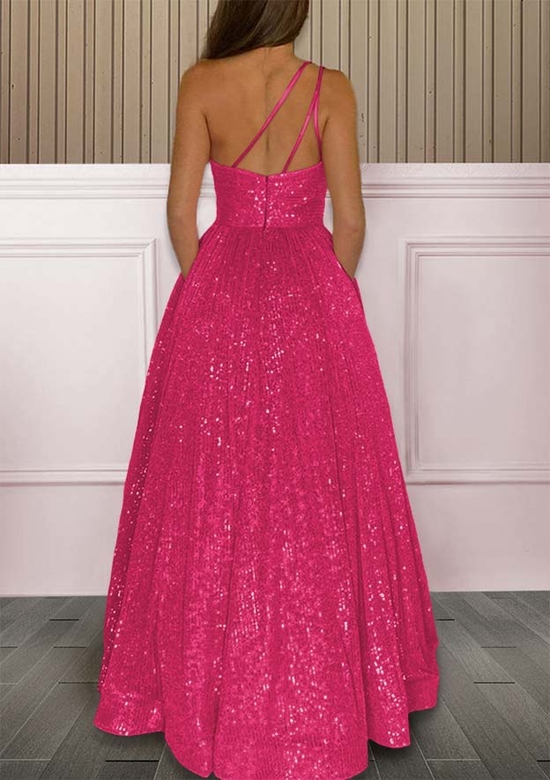 A-Line One-Shoulder Sequined Pockets Sweep Train Prom Dress