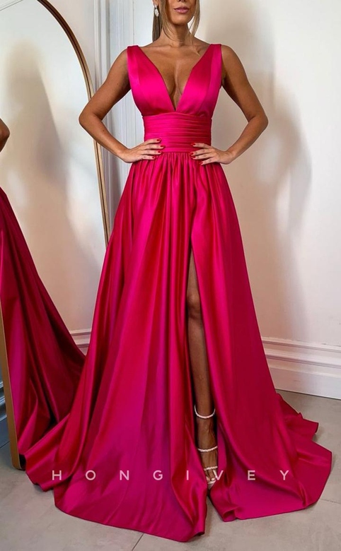 Satin A-Line V-Neck Sleeveless Ruched Side Slit Train Party Gown