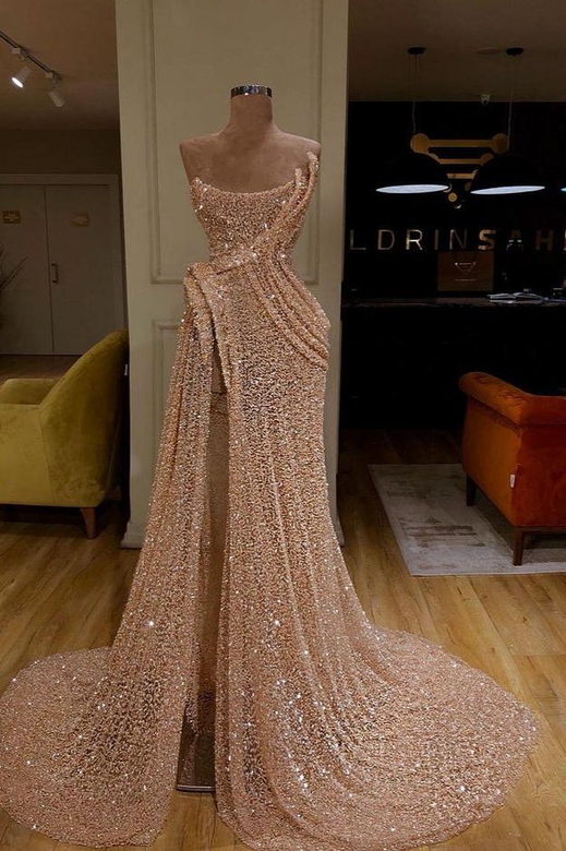 Gorgeous Strapless Sequins Mermaid Prom Dress with Slit