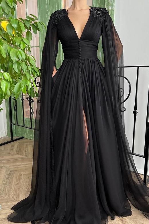 Sheath V-Neck Chiffon Appliques Long Sleeves Prom Dress