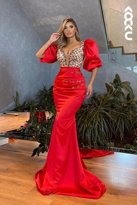 Sexy Red Deep V-Neck Puff Sleeves Ruched Mermaid Formal Gown