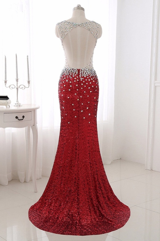 Sparkly Sequined V-Neck Burgundy Rhinestone Top Mermaid Prom Dress