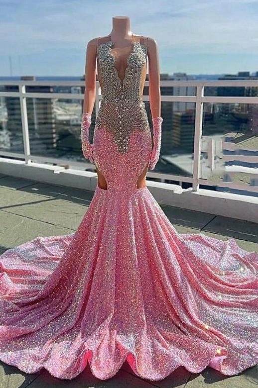 V-Neck Silver Beaded Pink Long Prom Dress with Cutout