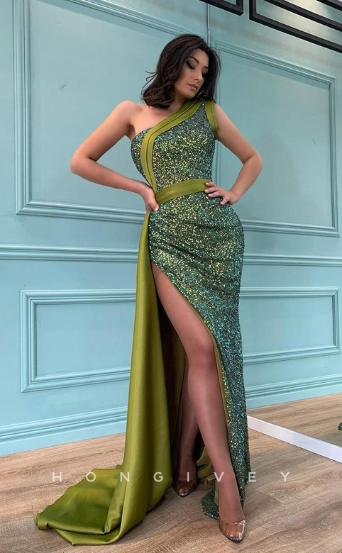 Glitter Asymmetrical Sequined Paneled with Train and Slit Gown