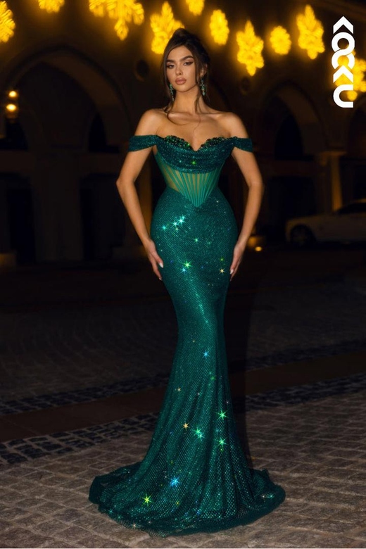 Mermaid/Trumpet Off-Shoulder Beaded Sequins Long Prom Evening Dress