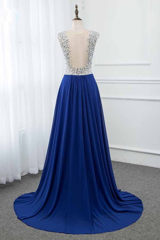 Sparkly Chiffon V-Neck Royal Blue Front Slit Beading Top Prom Dress