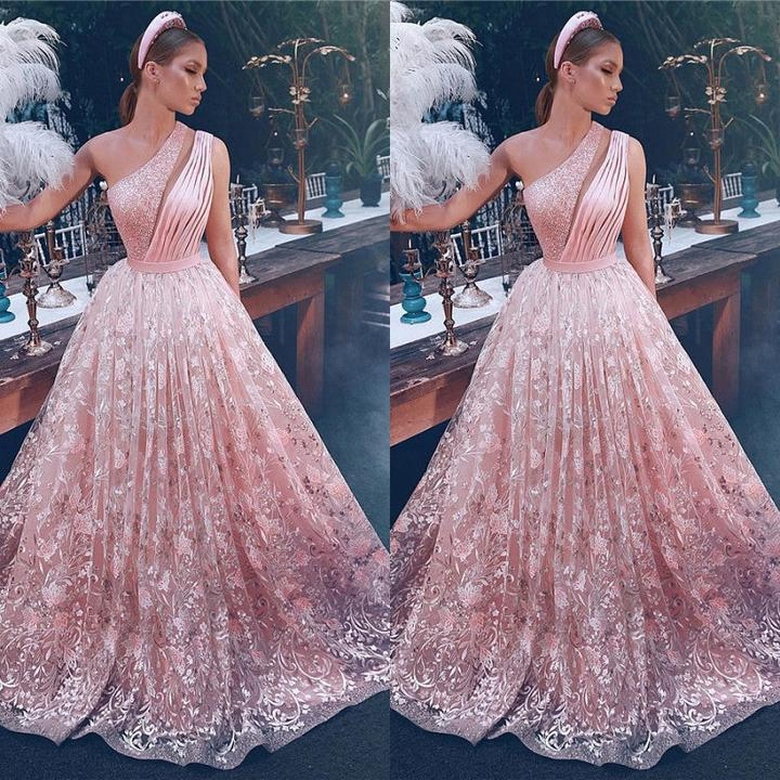 Pink One Shoulder Lace Long Evening Party Gowns