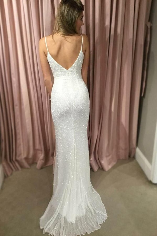 White Spaghetti-Straps Sequins Mermaid Prom Dress