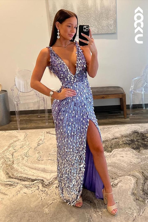 Glamorous & Dramatic Shining Deep V-Neck Backless Sheath Sequins Gown