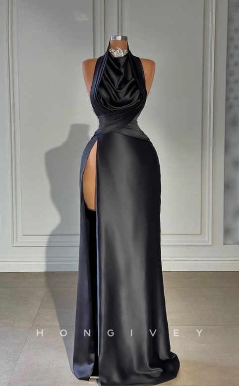 Sexy Satin Fitted High Neck Sleeveless Ruched Side Slit Gown