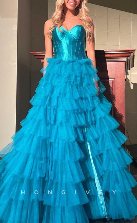 Elegant Tulle A-Line Strapless Sleeveless Tiered Train