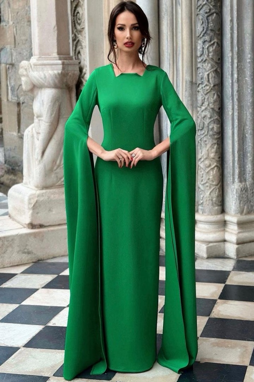 Green Luxury Notched Crew Neck Cape Sleeve A-Line Evening