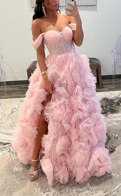 Sexy A-Line Tulle Off-Shoulder Illusion Empire Side Slit Party Gown