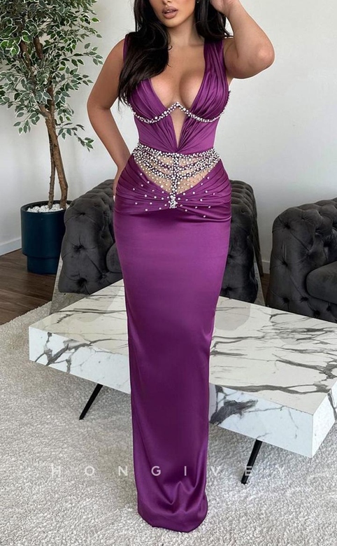 Sexy Fitted Satin Plunging V-Neck Beaded Ruched Party Prom Evening Dress