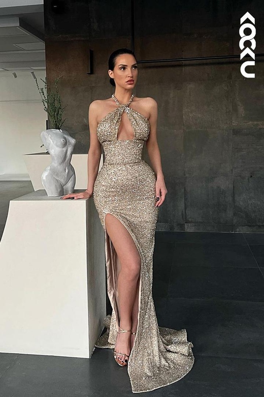 Cross-Neck Sequined Sheath Long Prom Gown With Thigh Slit