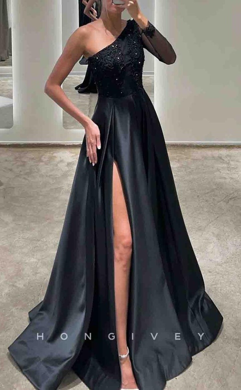 A-Line One Shoulder Empire Beaded Appliques Side Slit Gown