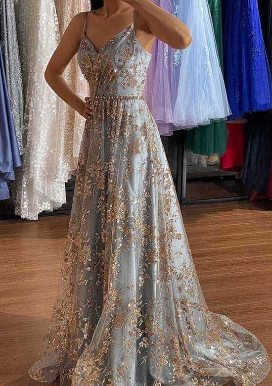 A-Line V-Neck Sleeveless Tulle Prom Dress with Embroidery, Sequins, and Split