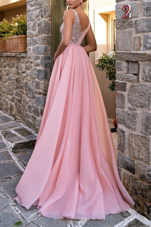 Charming Pink V-Neck Glitter Sleeveless Prom Gowns