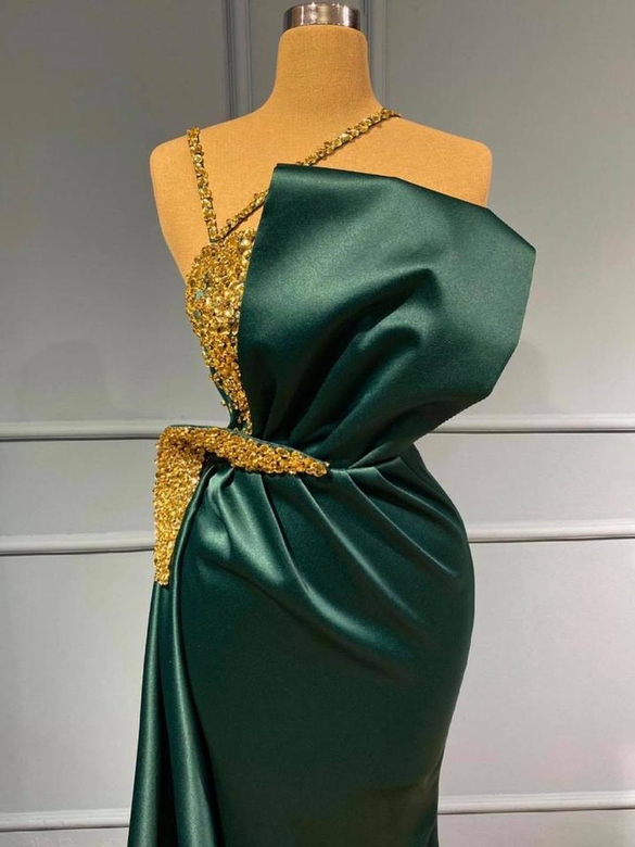 Dark Green Gold Beads Mermaid Prom Dress