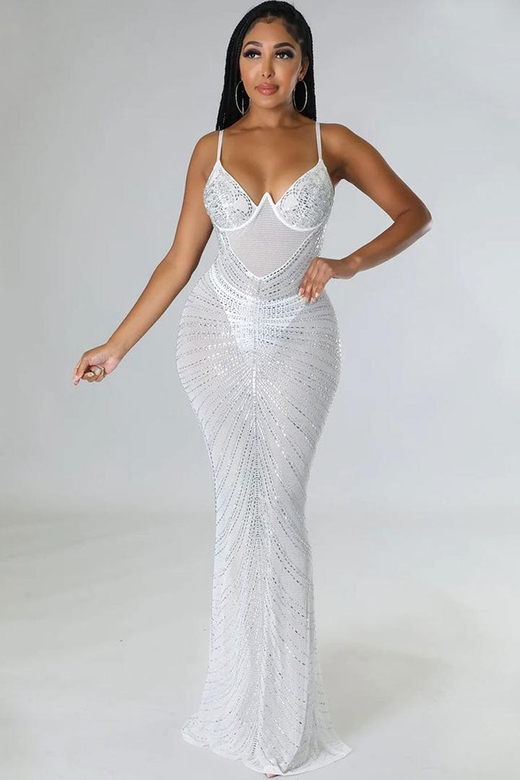 Sparkly White Rhinestone Bustier Sheer Fishtail