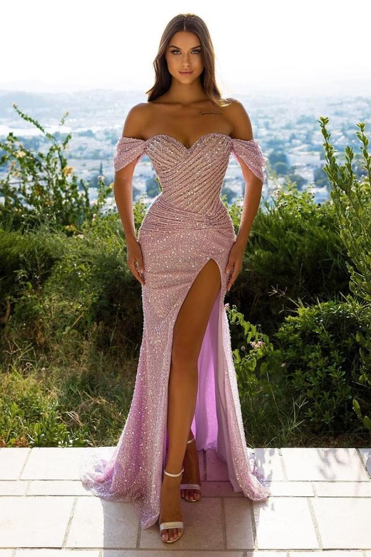 Short Sleeves Sequins Pink Off-the-Shoulder Mermaid Prom Gown