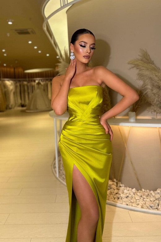 Yellow Green Strapless Long Mermaid Prom Dress with Elegant Split