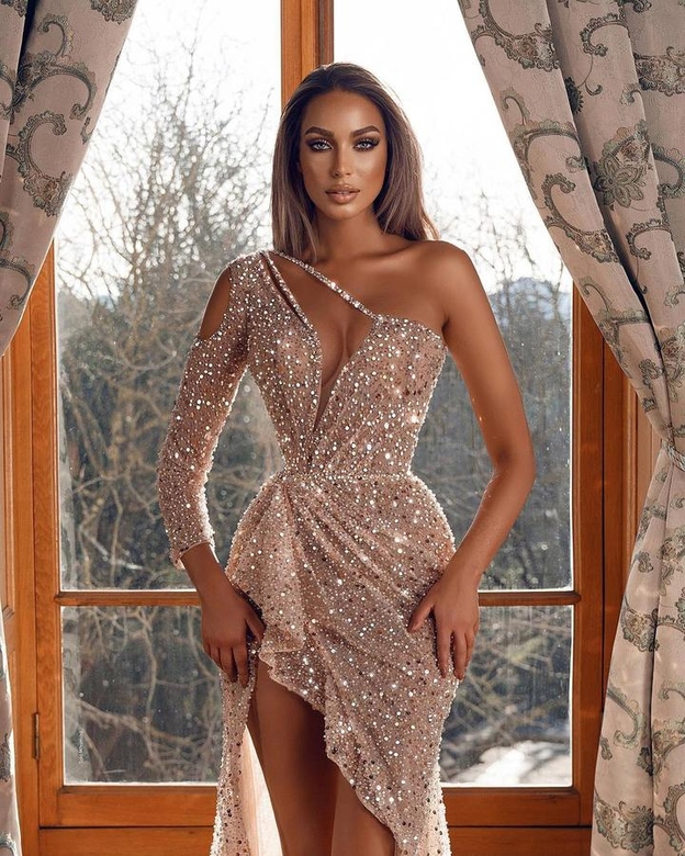 One Shoulder Long Sleeves Beads and Sequins Prom Gown