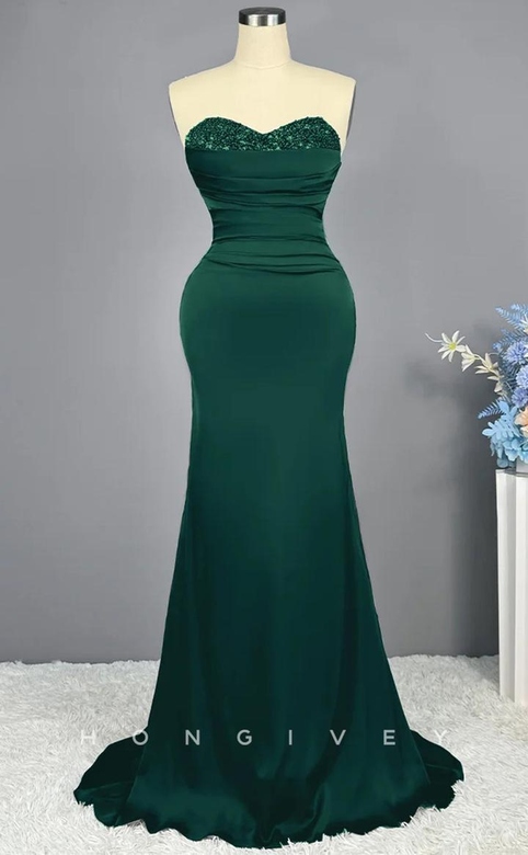 Enchanting Satin Trumpet Sweetheart Strapless Beaded Ruched Prom Evening Gown