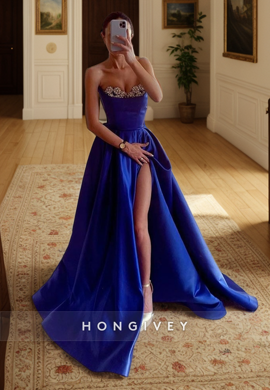 Classic Timeless Satin Bateau Strapless Empire With Side Slit Party Dress