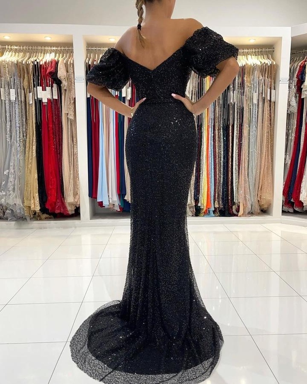 Off-the-Shoulder Black Sequins Split Mermaid Prom Dress