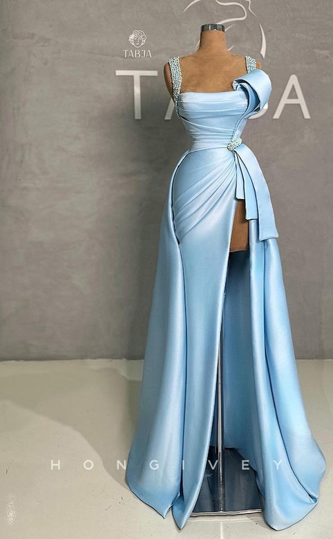 Sexy Satin A-Line Square Straps Empire Ruched Side Slit Party Gown