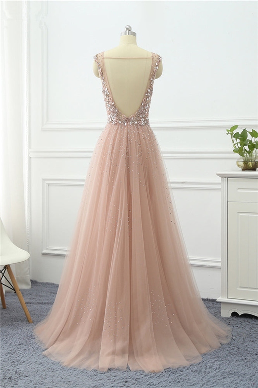 Elegant Tulle V-Neck Ruffle Beadings Appliques Prom Dress