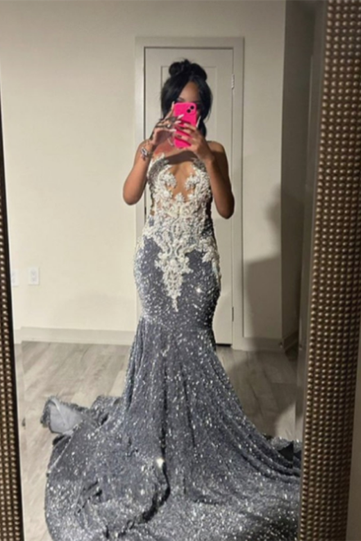 Ballbella Silver Grey Sequins Beaded Mermaid Prom Dress