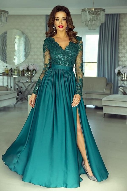 Long Sleeves Appliques Split On Sale Long Prom Dress