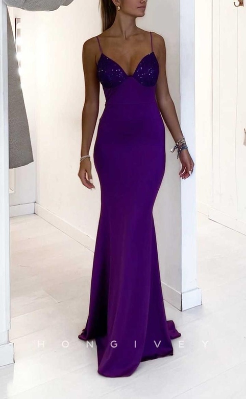 Trumpet V-Neck Spaghetti Straps Sequined Empire Satin Gown