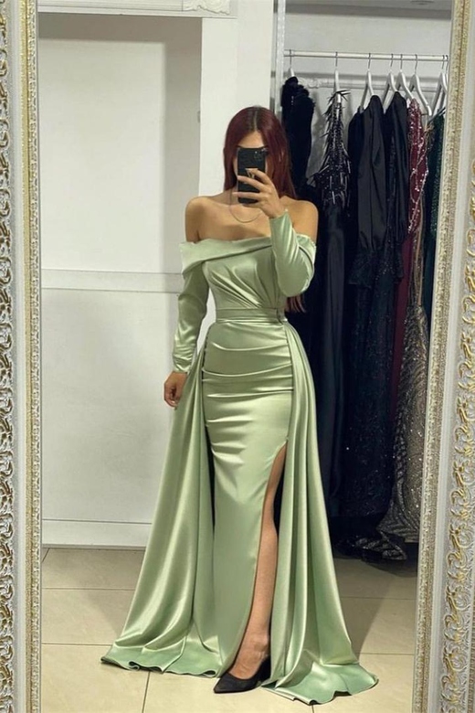 Fabulous Strapless Long Sleeves Split Satin Mermaid Prom Gowns