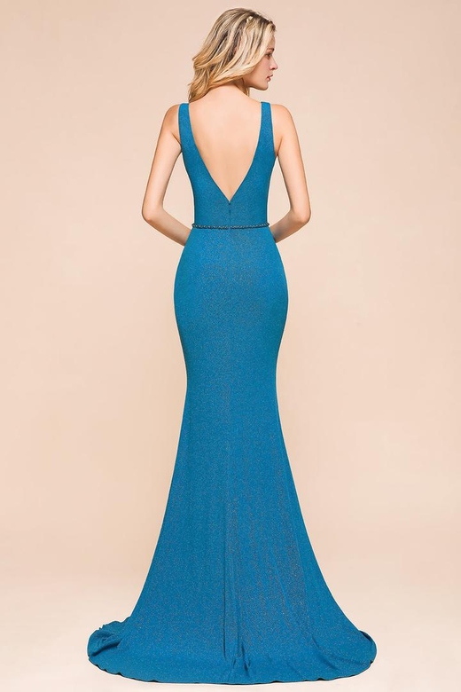 Shinning Blue V-Neck Sleeveless Mermaid Long Evening Gowns