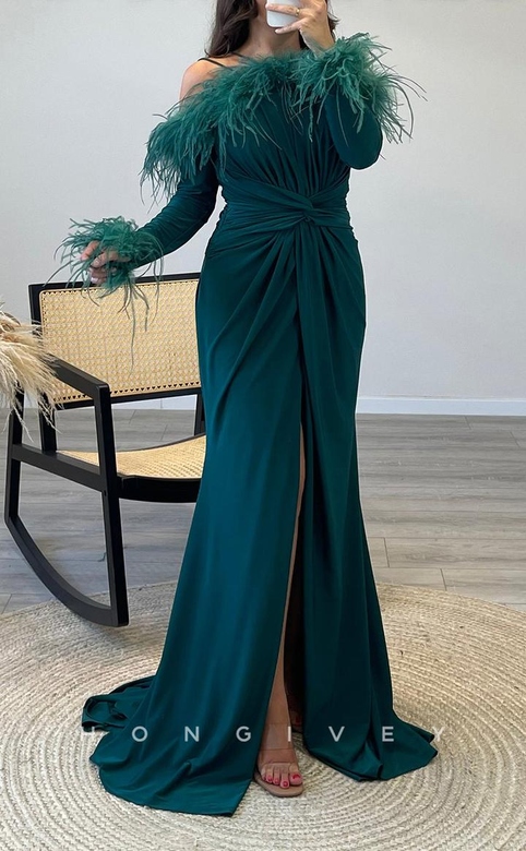 Corrected: Sexy Satin Trumpet Off-Shoulder Long Sleeve Ruched Feathers Slit