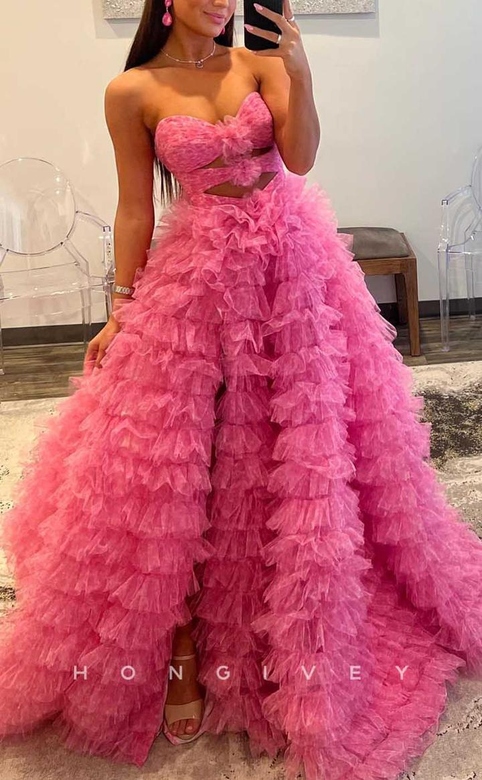 Sexy Tulle A-Line Strapless Illusion Tiered Train Prom Gown