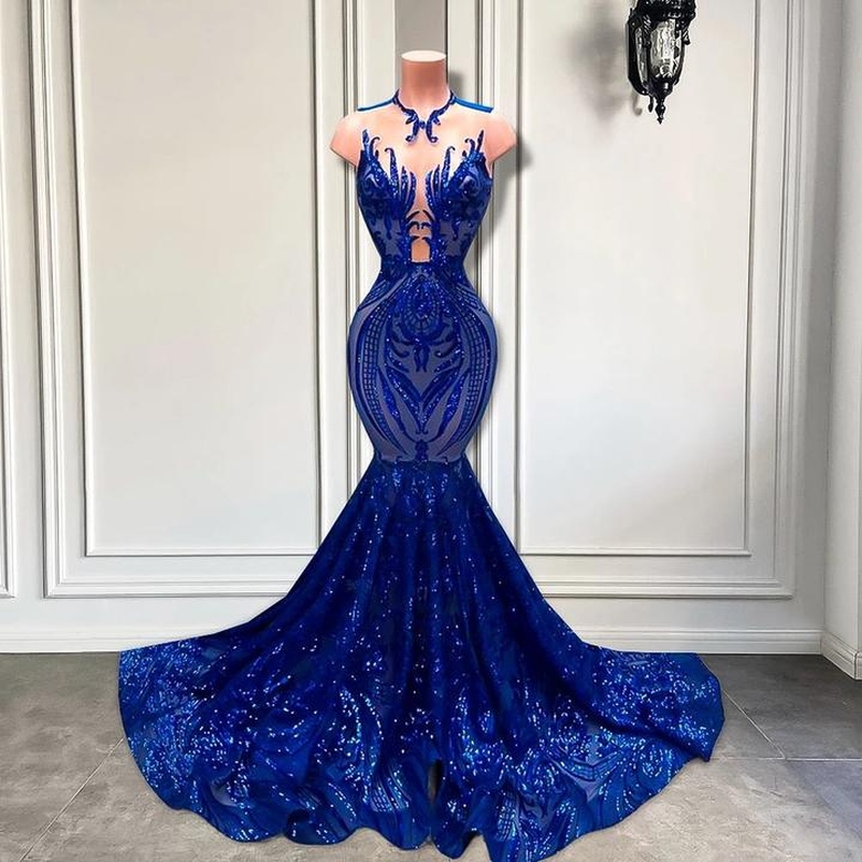 Fabulous Sequined Royal Blue Sleeveless Mermaid Formal