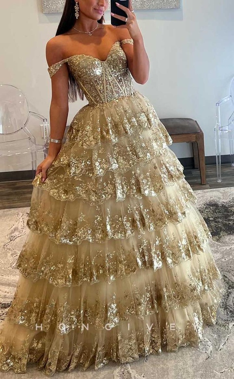 Sexy Tulle A-Line Off-Shoulder Tiered Sequined Appliques Gown