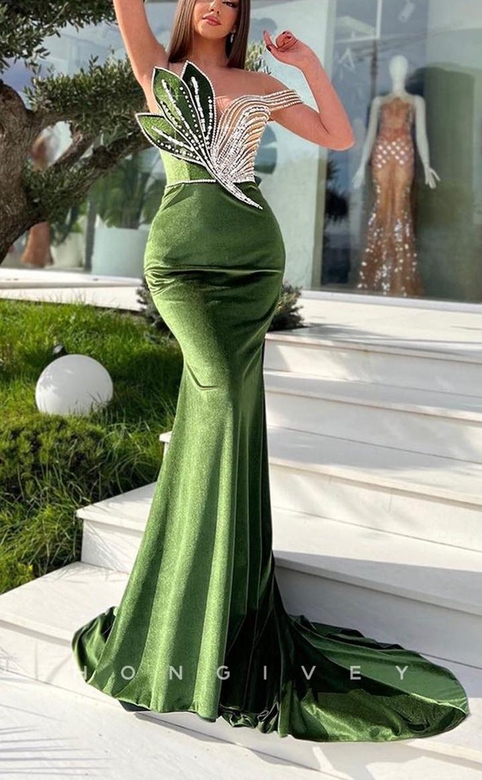 Beautiful Satin Trumpet One Shoulder Beaded Appliques Train Prom