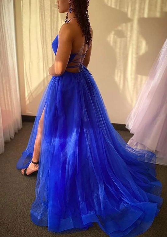 A-Line V-Neck Spaghetti Straps Tulle Prom Dress with Split and Sweep Train